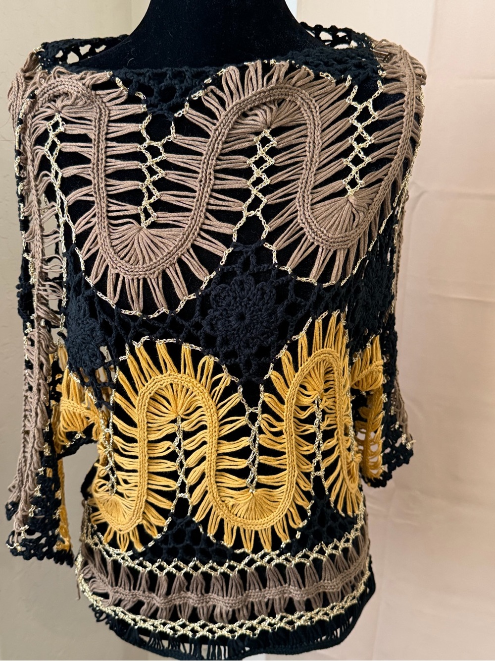 Vintage Boho Hairpin Lace Crochet
Poncho Top Metallic Gold Open Knit  Blouse
